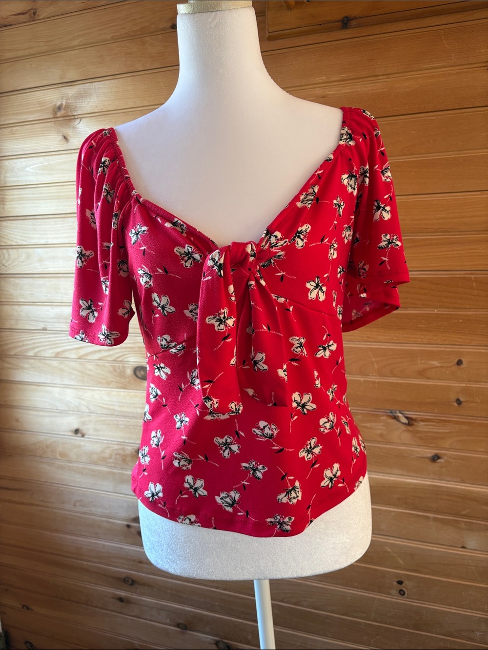 Lush Red Floral Tie-Front Blouse